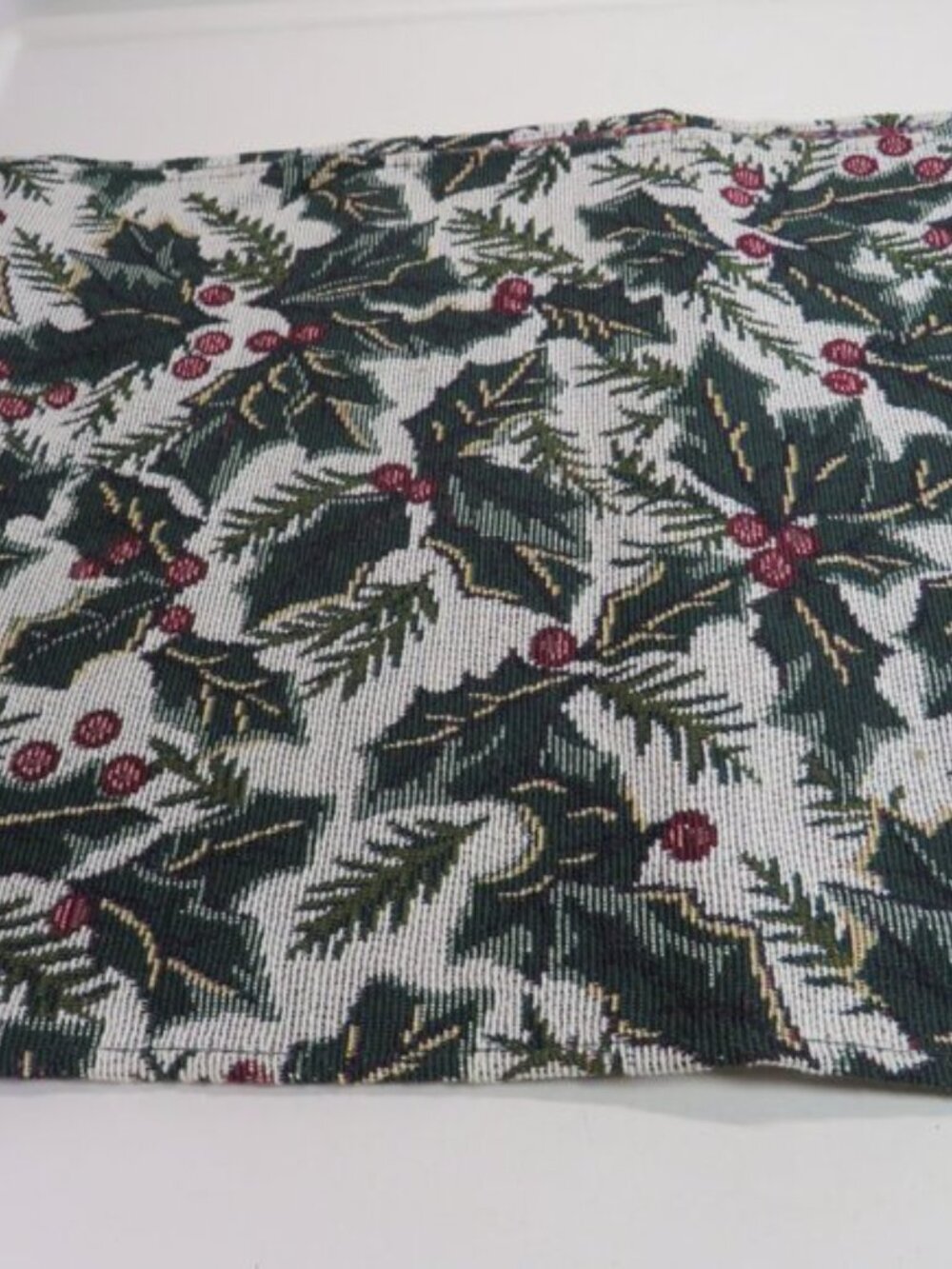 Vintage Victorian Holly Tapestry Table Runner Dark Forest Green Tassels 68x12 - Picture 6 of 9